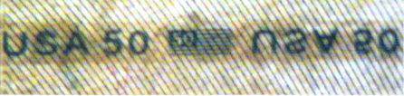 Рис. 14. Прозрачная защитная нить с текстом и изображениями (50 долларов США).